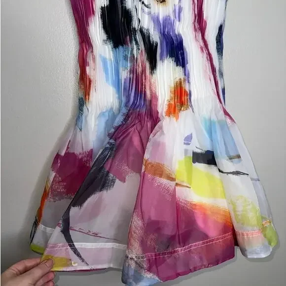 Aje Celestial Pleated Organza Sleeveless Mini Dress Abstract Pink Blue Size 6